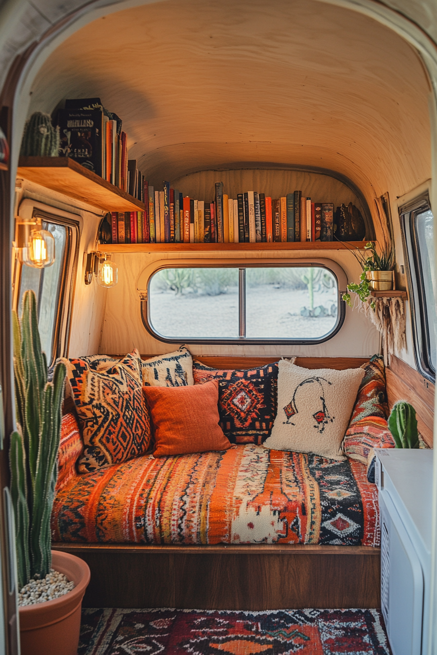 Reading corner. Turkish kilim pillow, Saguaro cactus book light, sand-colored teardrop camper.