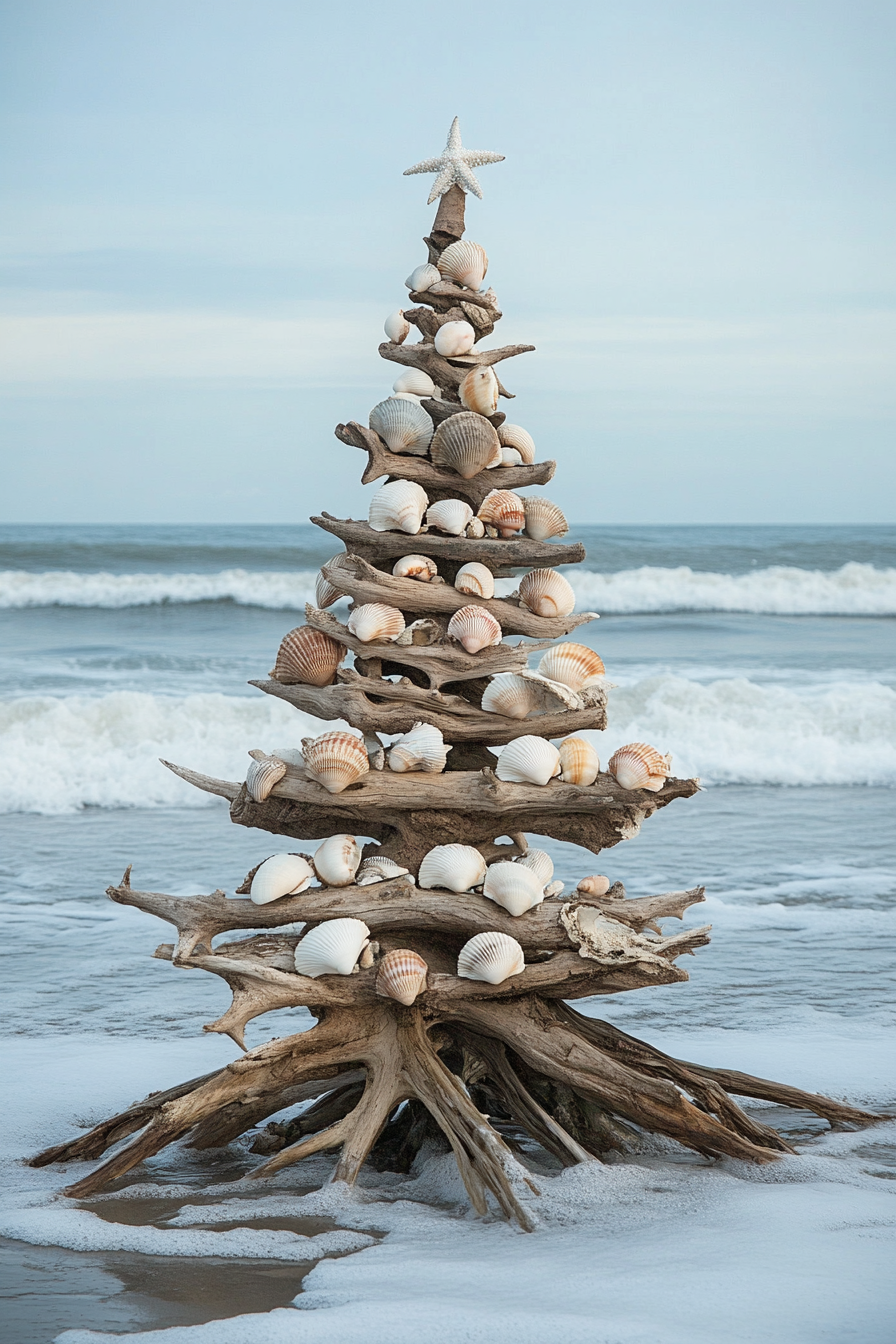 Holiday décor. Driftwood tree adorned with shell ornaments against winter ocean waves.