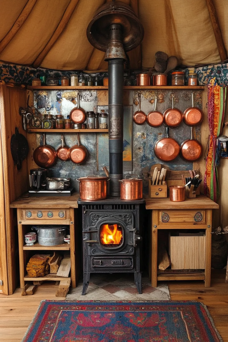 Alpine-style yurt kitchen. Wood-burning stove surrounded by copper pots and mounted spice wall.