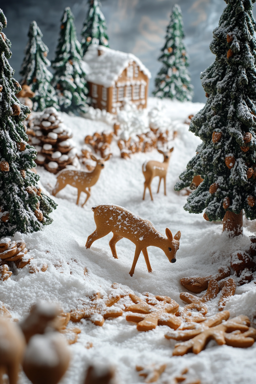 Wide angle view. Gingerbread cookies, spice rack, snow-covered meadow with grazing deer.