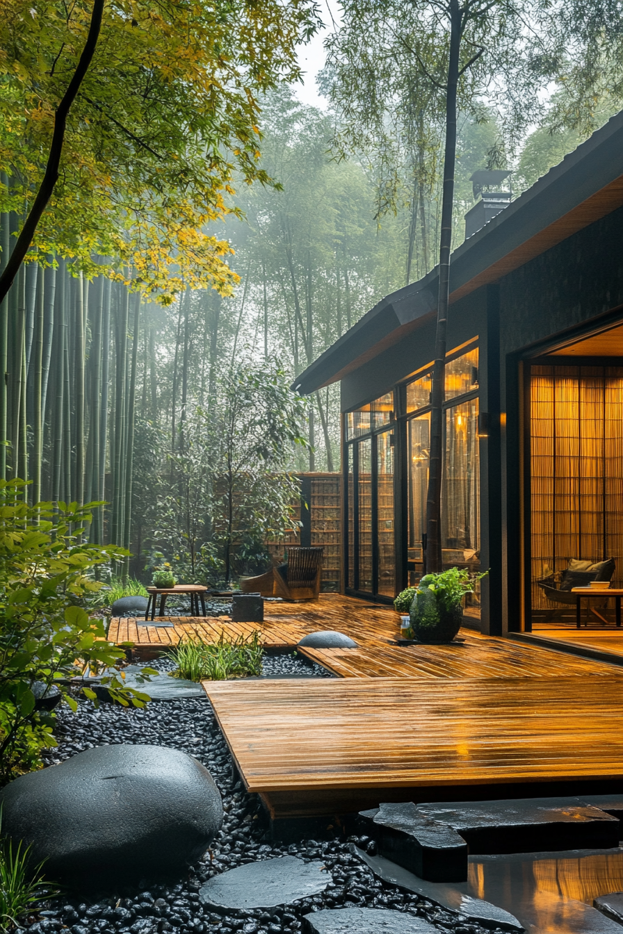 Wide angle view. Minimalist tiny house deck with bamboo screens and rock garden, misty bamboo forest.