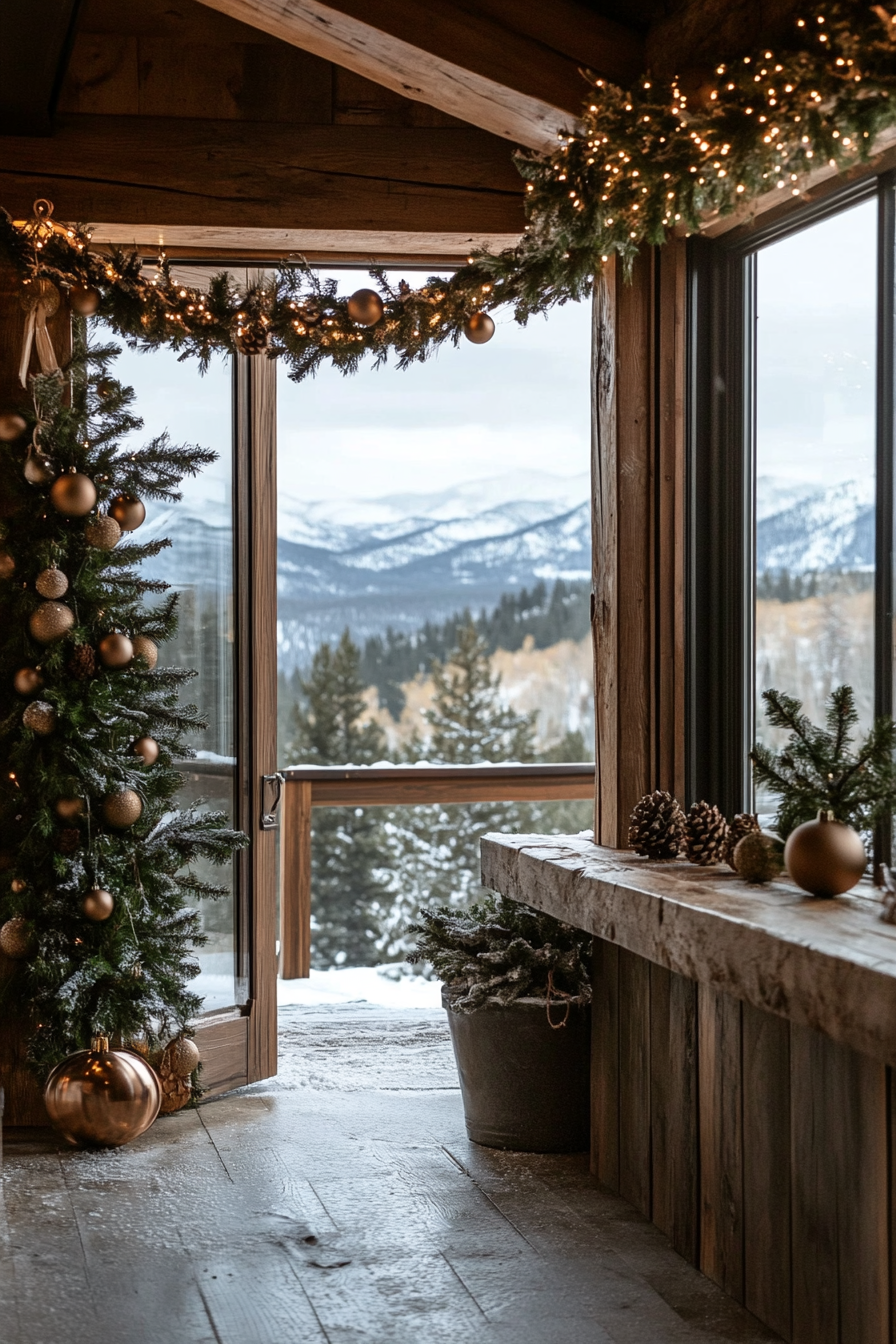 Farmhouse-style space. Pine garlands, wooden ornaments, and snowy mountain view.