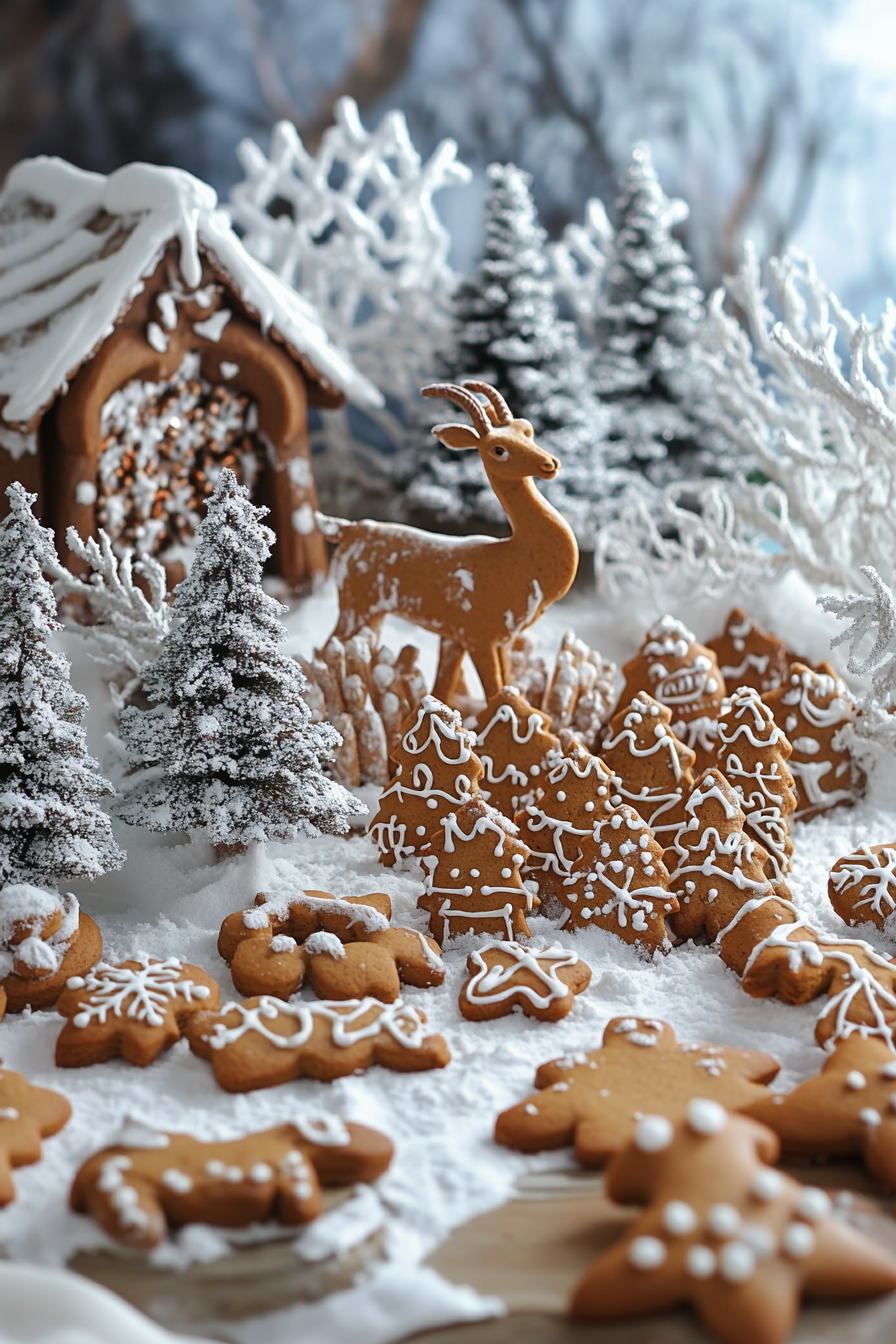 Wide-angle view of holiday baking. Gingerbread cookies arranged by decorated cookie station in snowy landscape with gazelle.