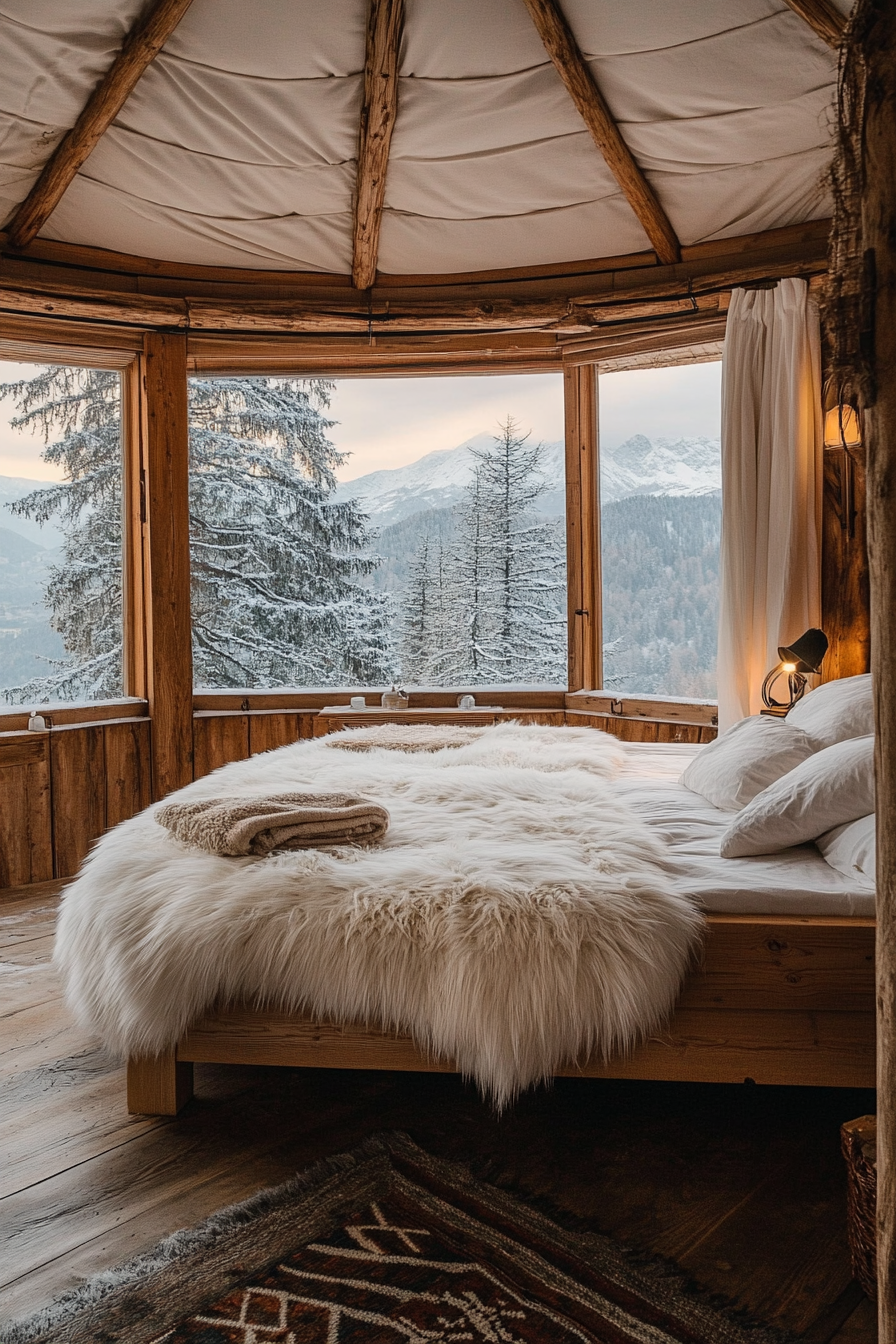 Alpine-View Yurt Bedroom. Rustic wooden bed with white fur throws near panoramic windows.