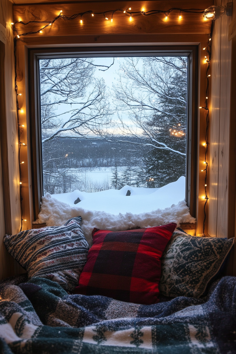 Wide angle view. Festive nook, flannel deeding, string lights, framed view of snowy landscape.