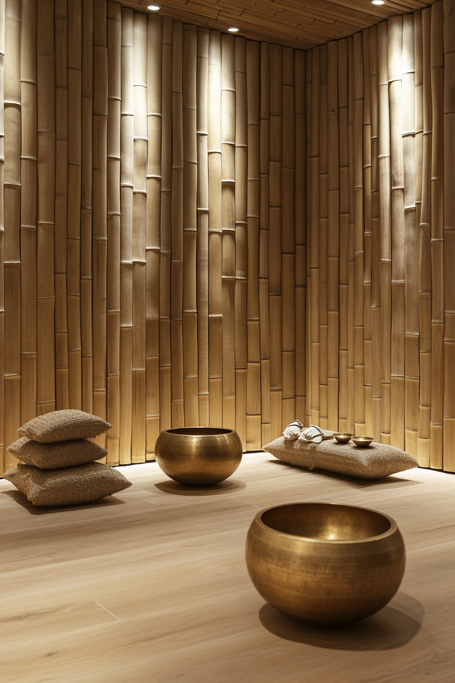 Van meditation room. Bamboo wall panels, diffused lighting, singing bowls.