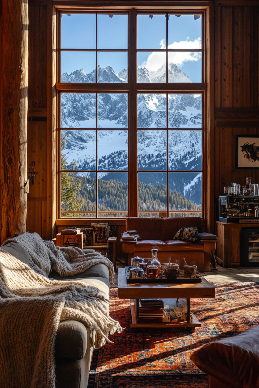 Ski lodge interior. Fir wood paneling, wool blankets, hot cocoa station, snow-capped peaks through panoramic window.