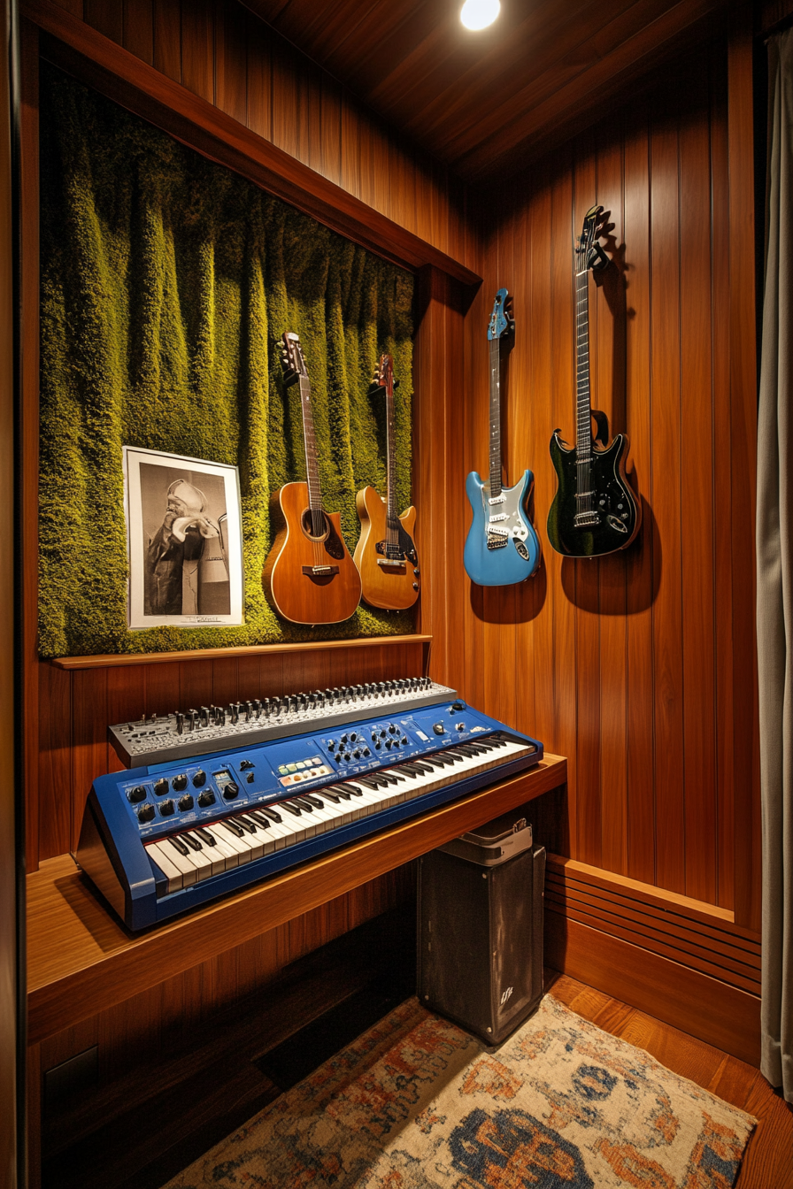 Tiny music room. Cherry wood walls, wall-mounted blue keyboard, guitar wall with soundproofed moss-patterned drapes.