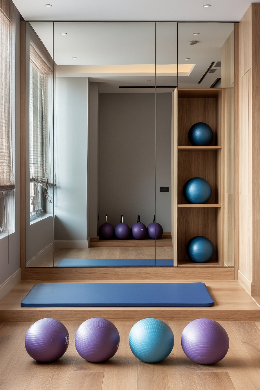 Contemporary tiny gym. Mirror wall, yoga mat storage, wooden floor, hydrangea-colored medicine balls.