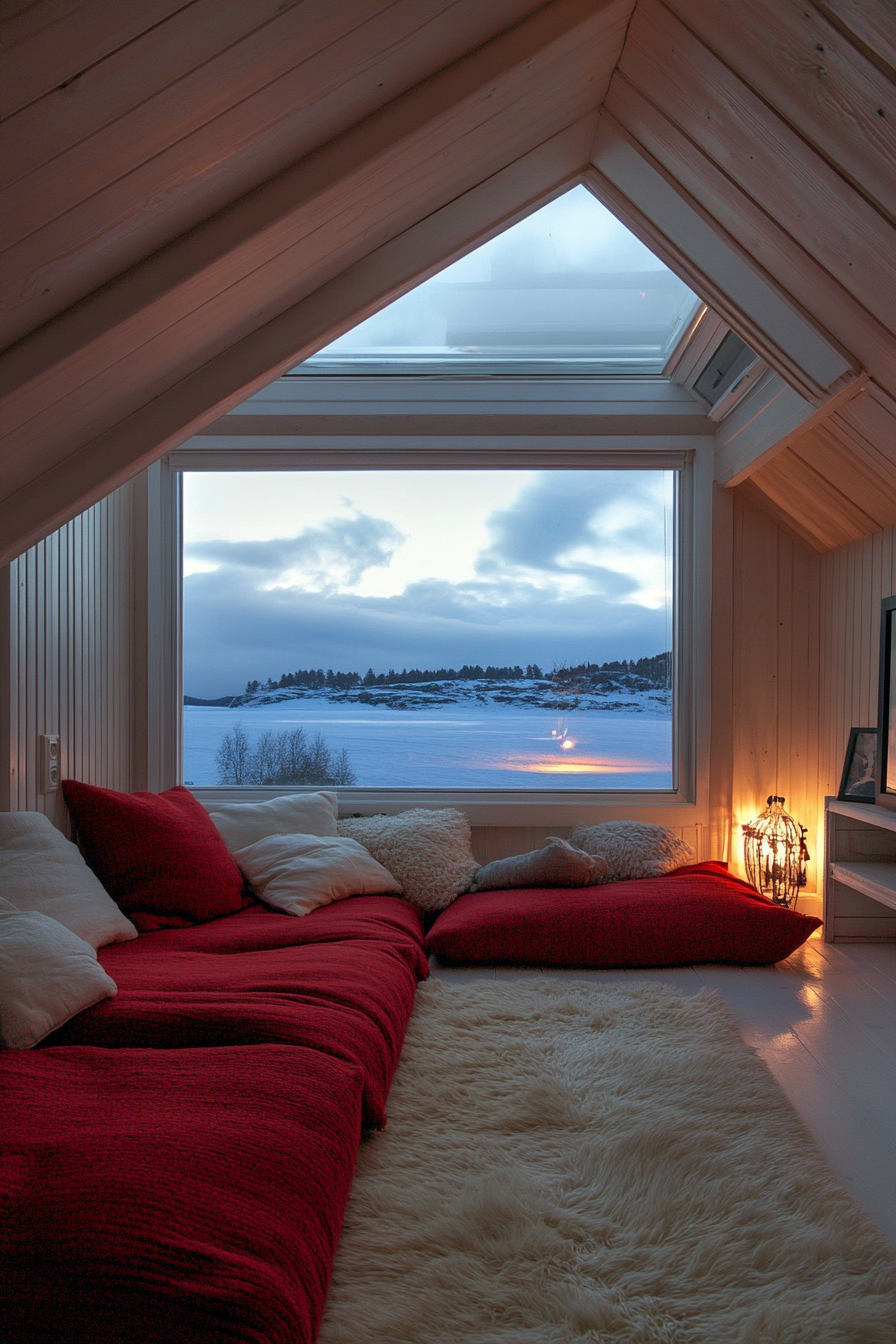 Scandinavian-inspired space. Red wool cushions, white furniture, skylight with view of northern lights.