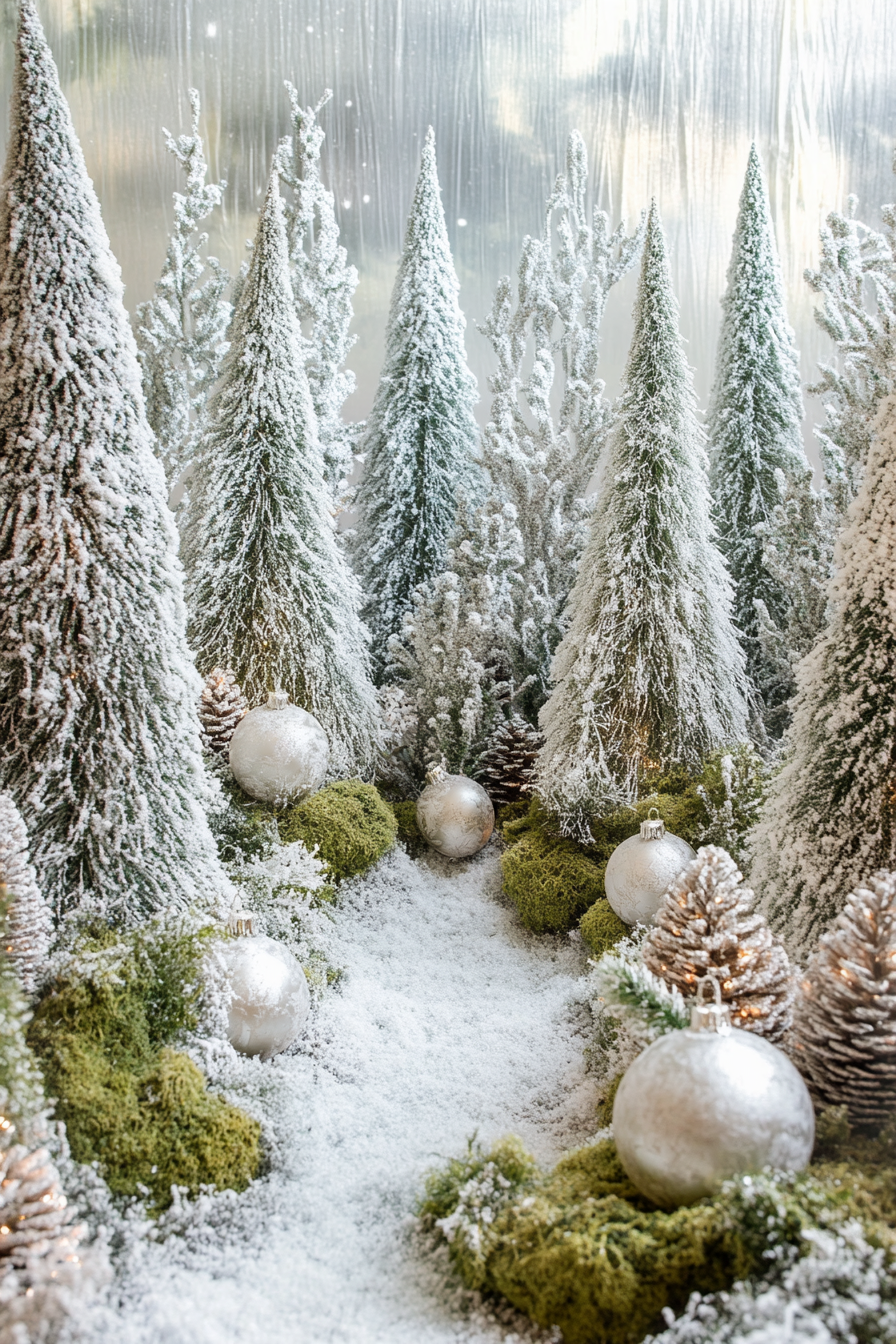 Wide angle holiday space. Frosted pine trees encircling moss embellished woodland ornaments.