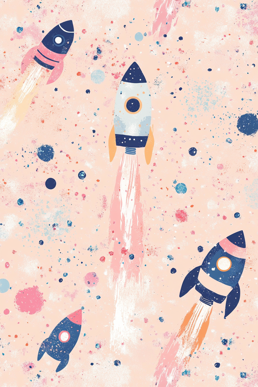 Wide angle view of baby space. Pastel colors, confetti pattern, and dancing rocket ships.