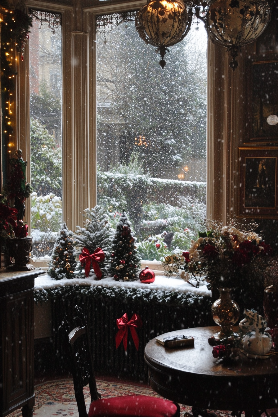 Elegant Christmas interior. Snowfall through a bay window, vintage baubles, velvet bows display.