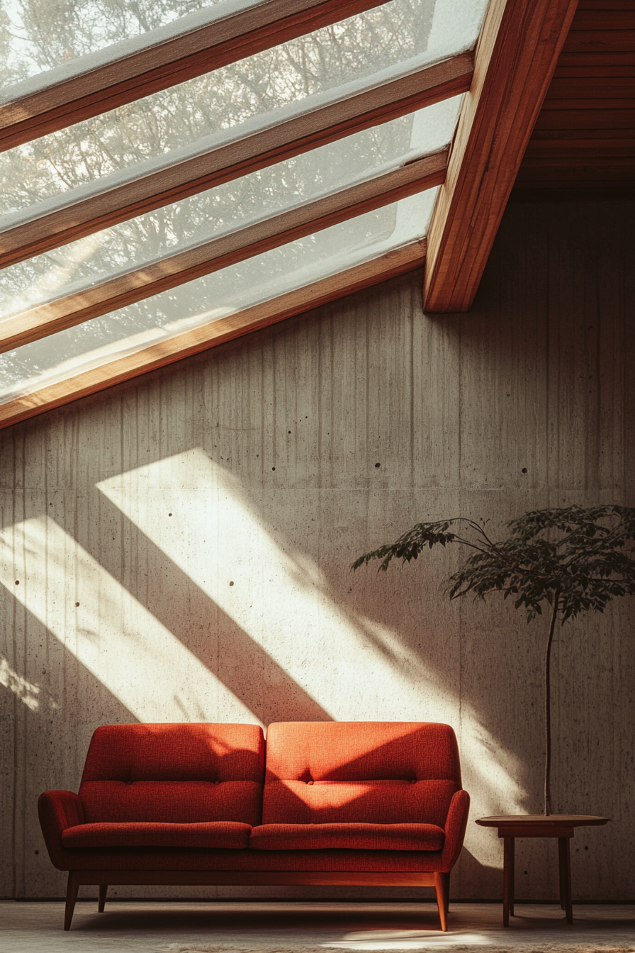 Scandinavian space. Red loveseat under skylight showcasing Northern Lights.