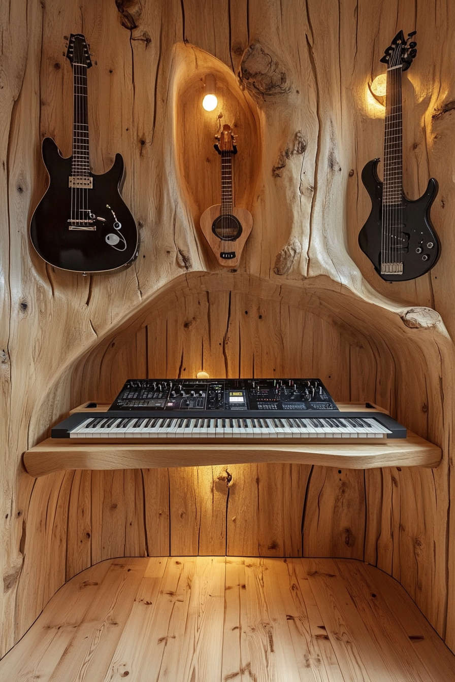 Woodland-Style Mini Music Room. Wooden sound-proof panels, mounted keyboard, guitar wall.