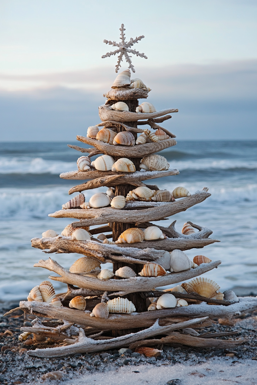 Holiday decor. Driftwood tree studded with shell ornaments overlooking icy winter beach waves.