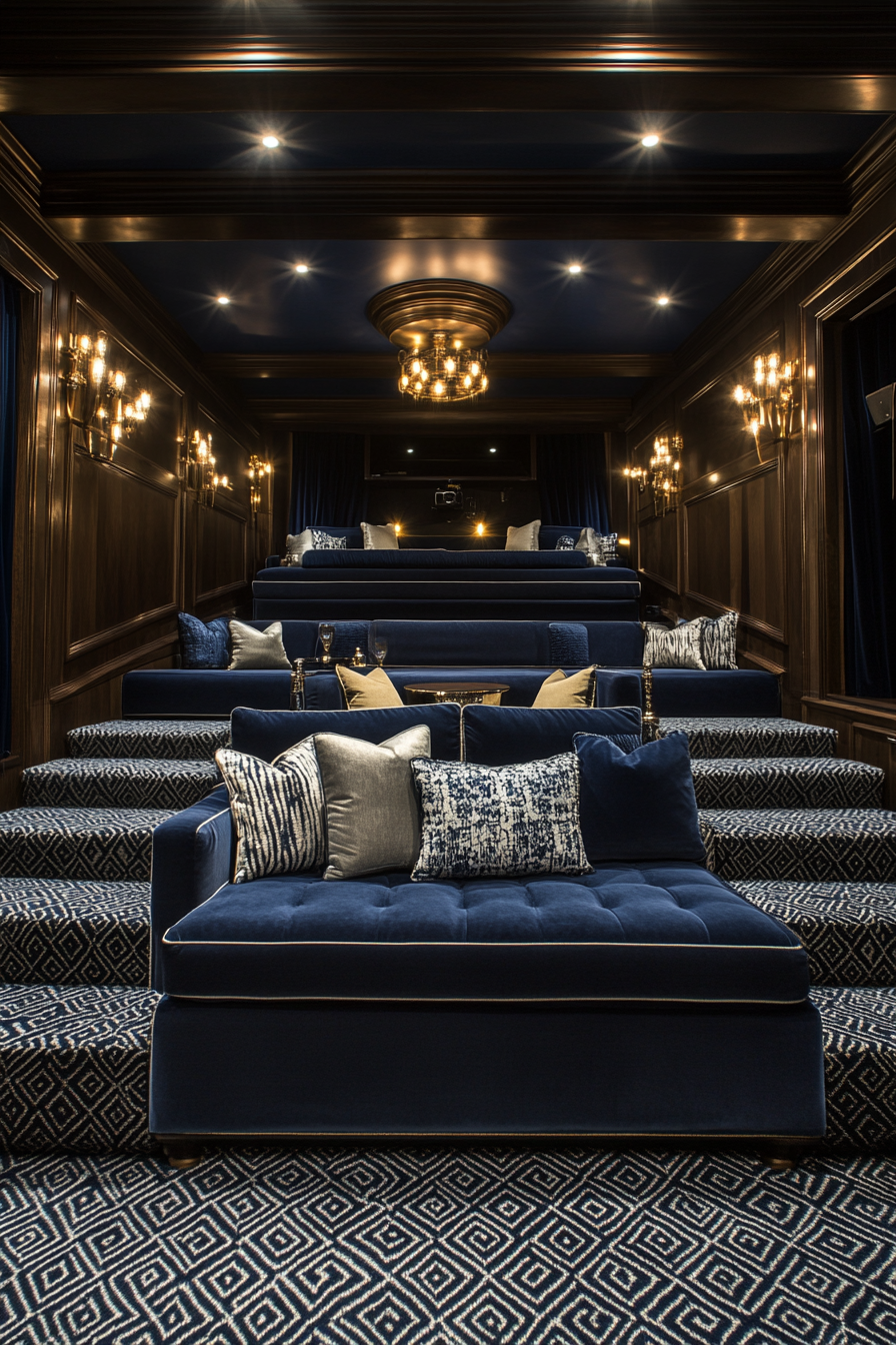 Tiny theater design. Tiered seating upholstered in grace navy blue with chrome accents.