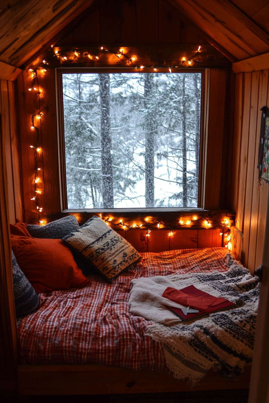 Wide angle view. Festive sleeping nook, flannel bedding, string lights, overlooking snowy outside.