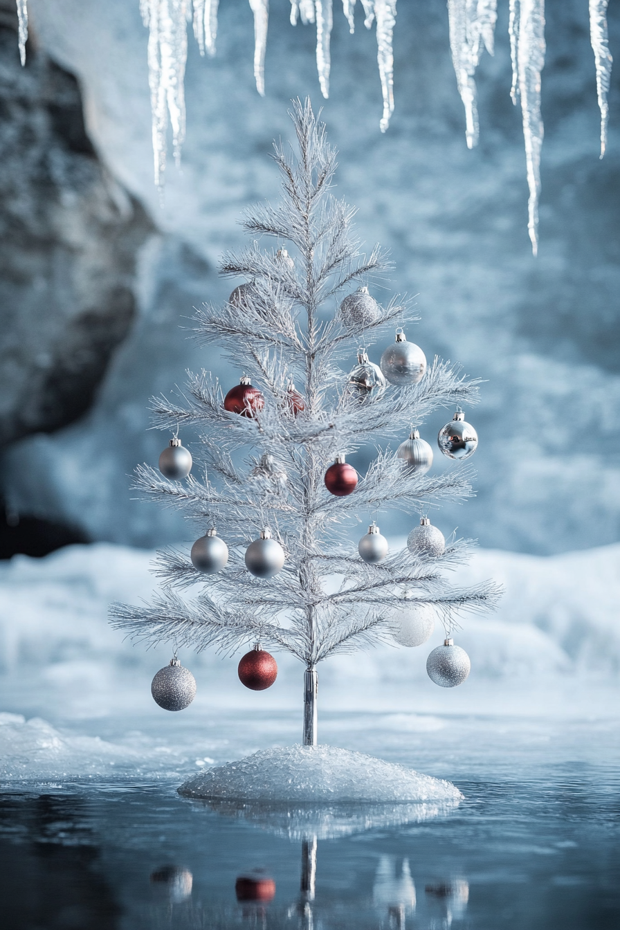 Retro holiday interior. Aluminum tree beside icy lake with hanging classic ornaments.