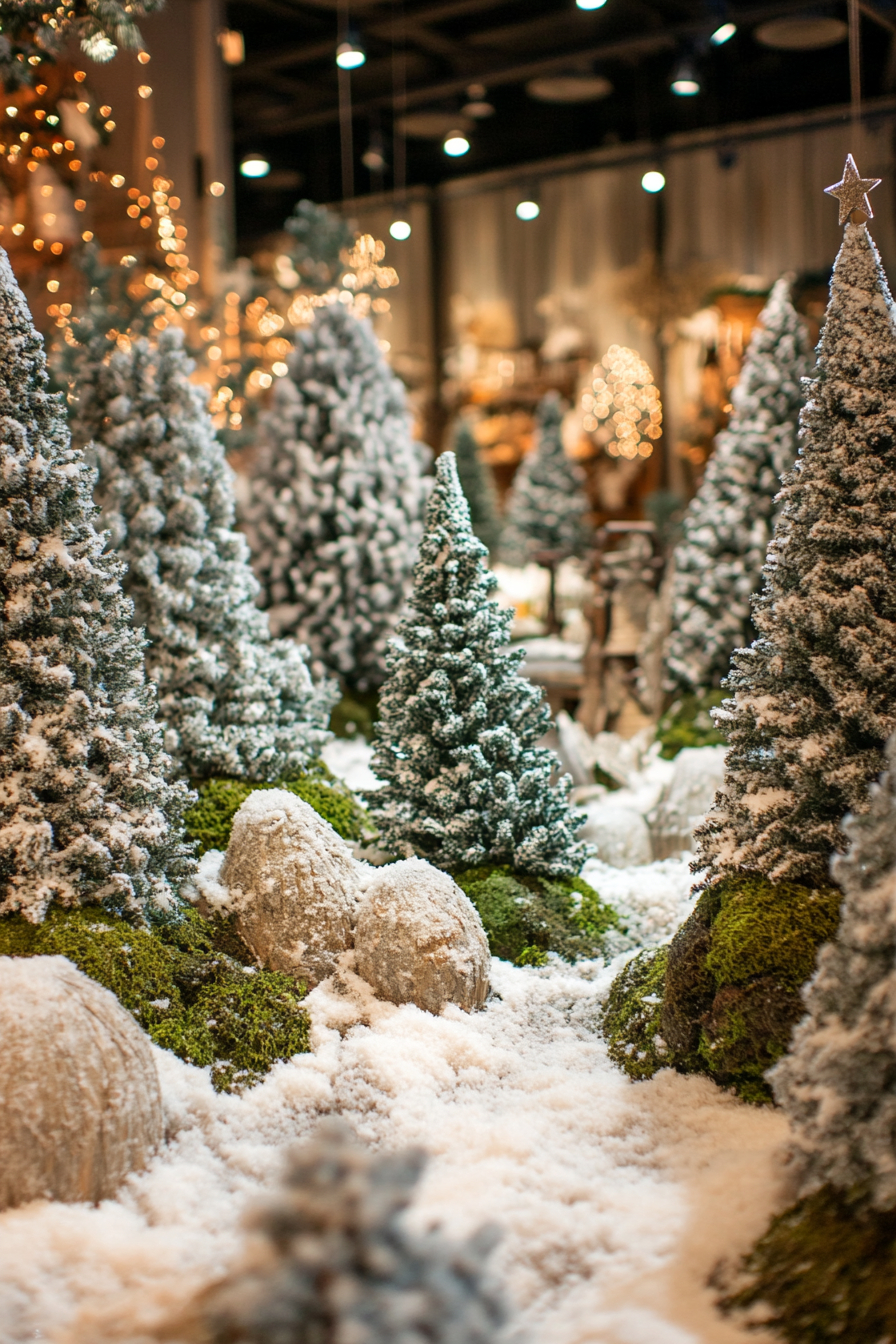 Wide-angle holiday space. Decorative moss, whimsical decor, snow-coated pine trees.