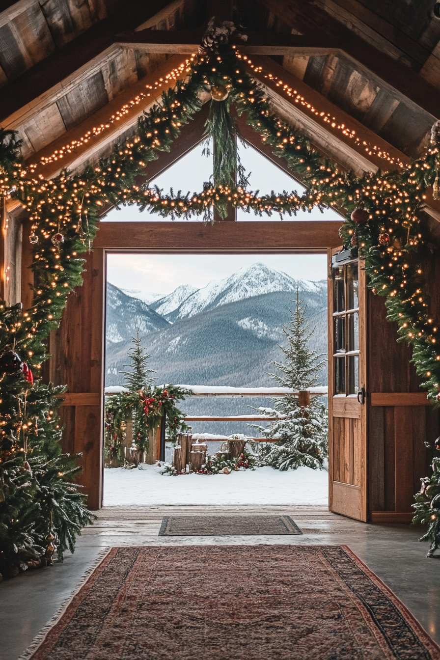 Wide angle view. Farmhouse-style space, pine garlands, wooden ornaments, snowy mountains backdrop.