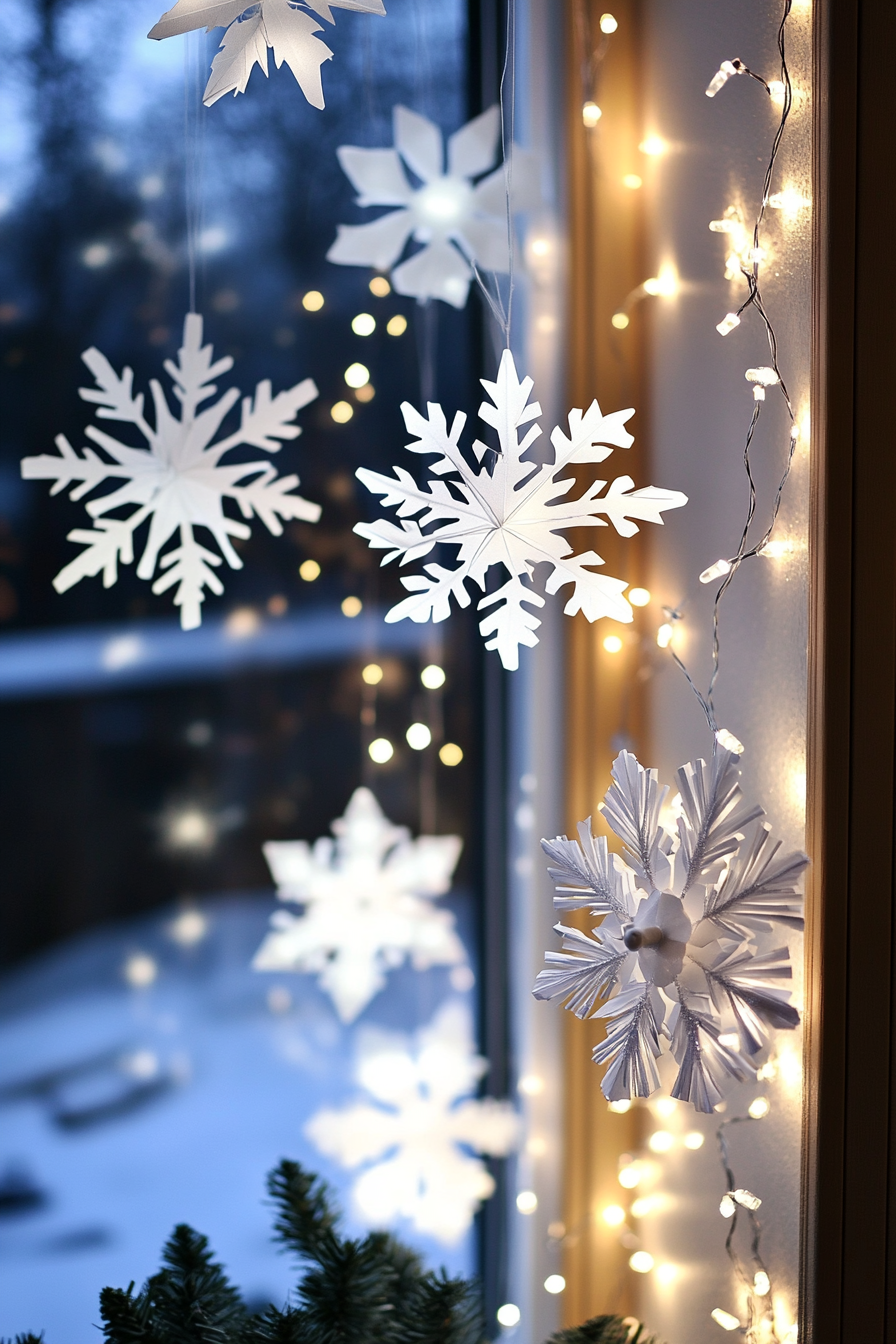 Modern Christmas décor. White lights and paper snowflakes over frost-covered valley.