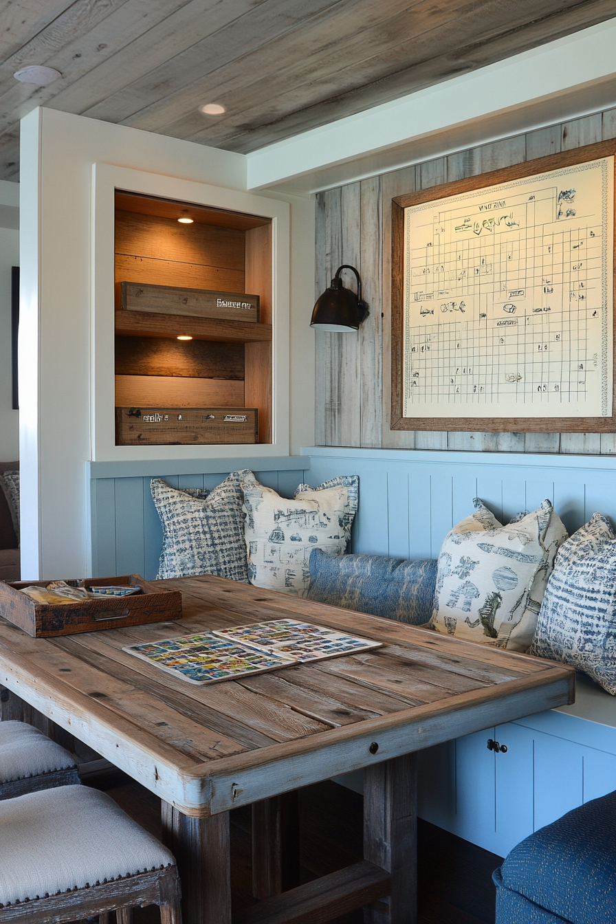 Coastal-style tiny game room. Rustic card table, weathered wood puzzle station, sky-blue board storage.