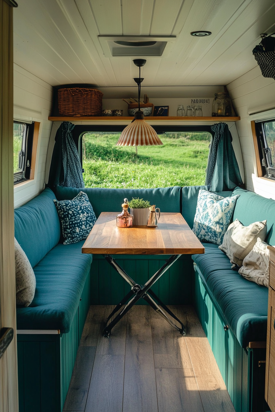 Van dining area. Teal cushion seats, fold-out oak table, shell pendant light.