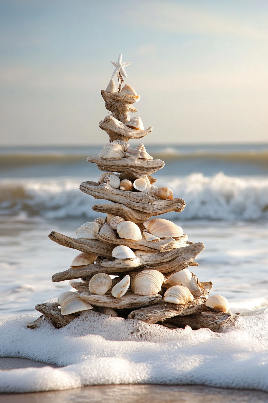 Holiday decor. Driftwood tree with shell ornaments against winter beach waves.