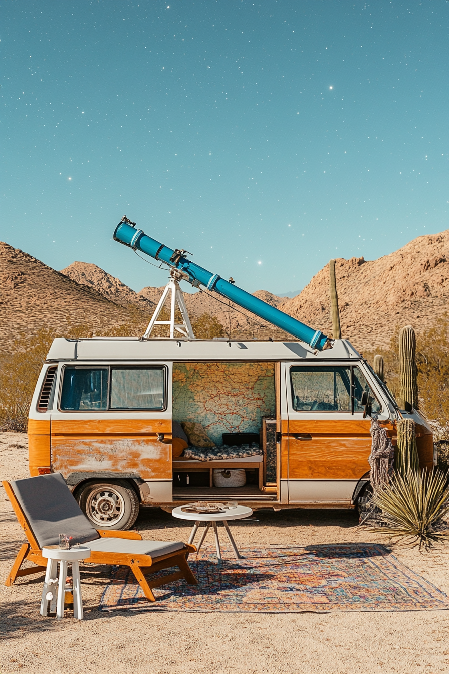 Van rooftop in desert. Blue telescope on mount, white star map table, grey loungers.