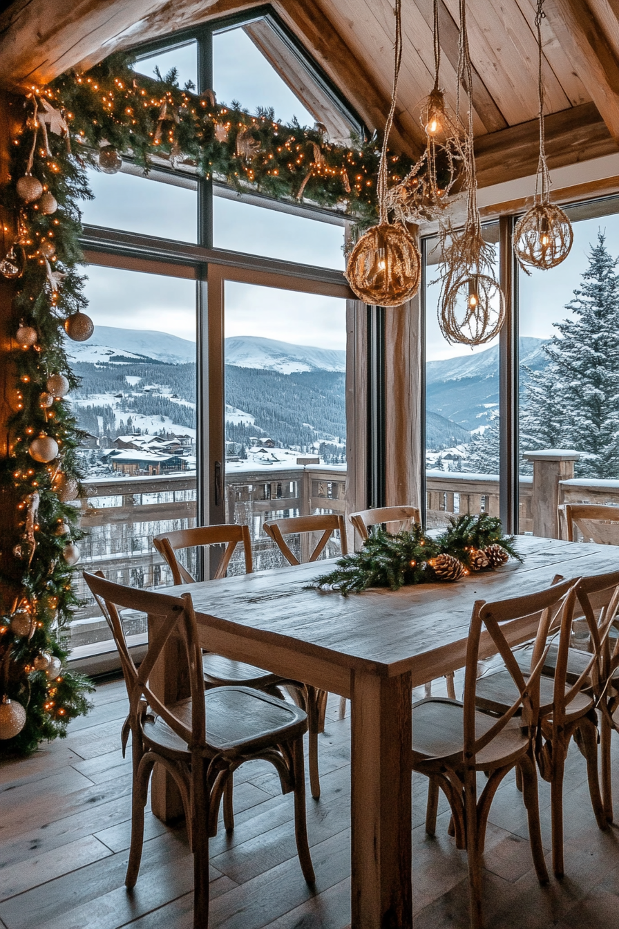 Farmhouse-style space, pine garlands, wooden ornaments, wide angle with snowy mountain view.