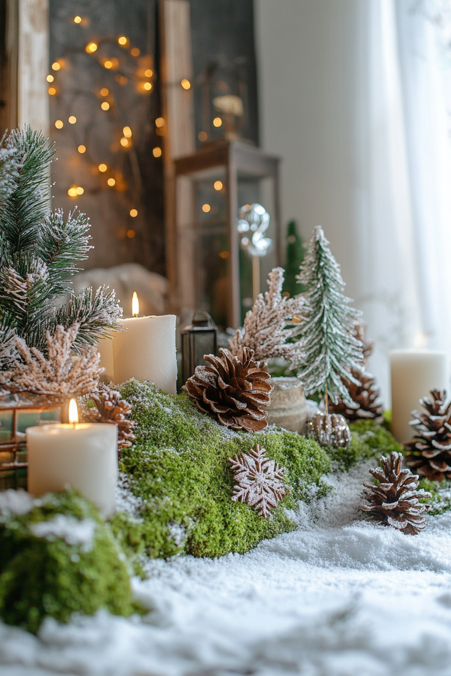 Wide angle holiday space view. Mossy woodland decorations, snowy pine border.