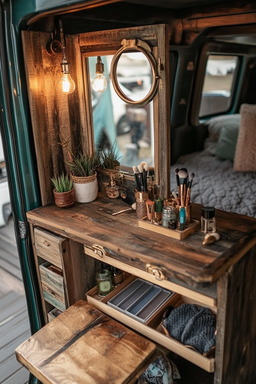 Bohemian van vanity area. Distressed wood makeup storage, brass ring light, vintage folding mirror.