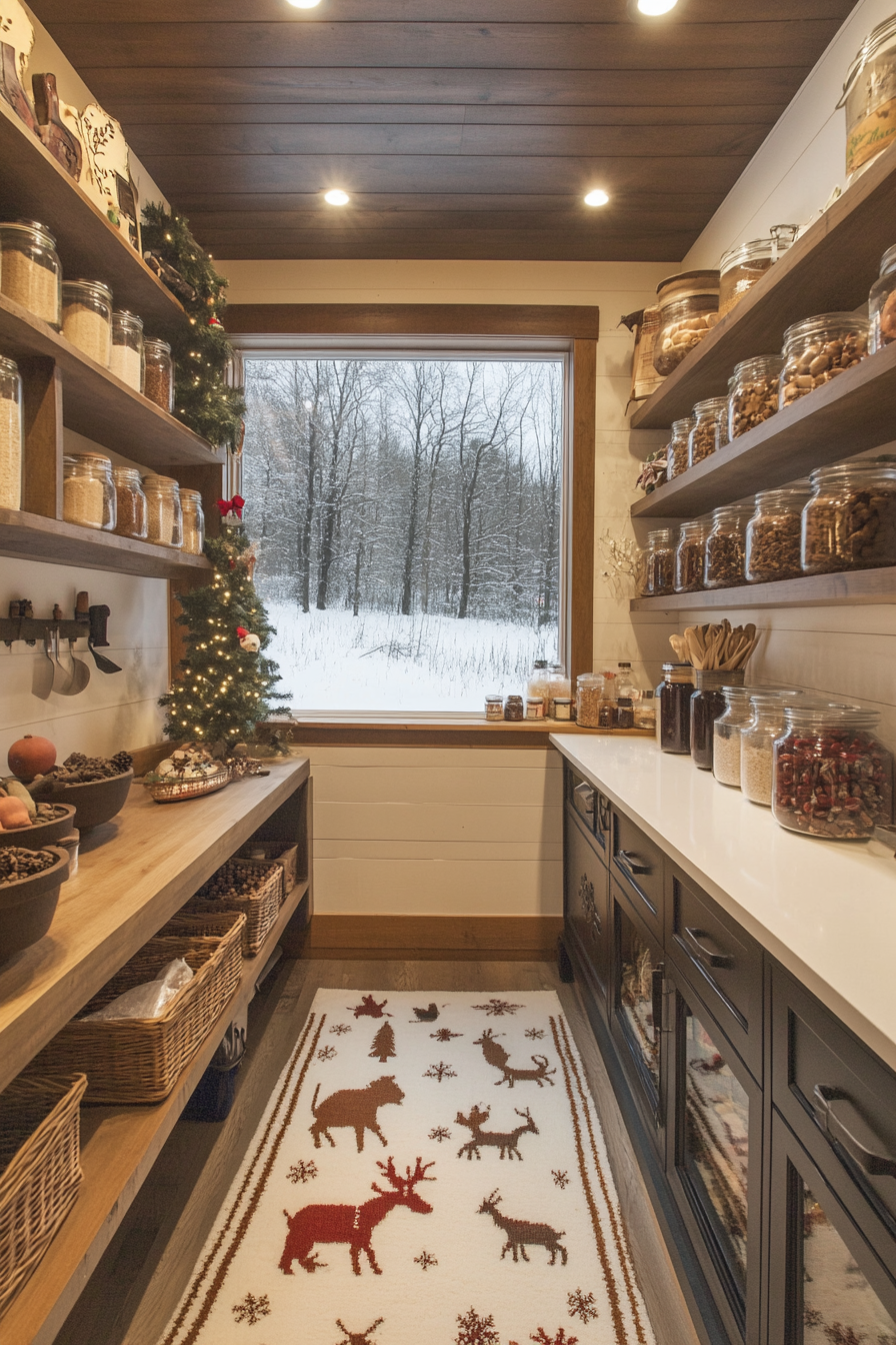 Wide-angle holiday baking haven. Cookie station, spice storage, deer in snowy meadow view.