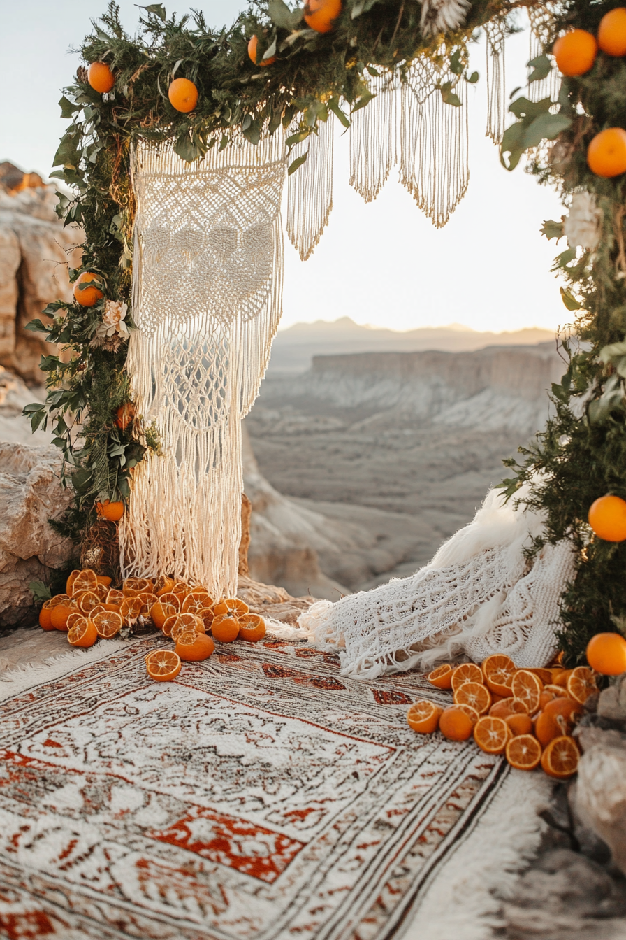 Wide angle holiday space. Macramé stockings, dried orange garlands, mountain sunset view.