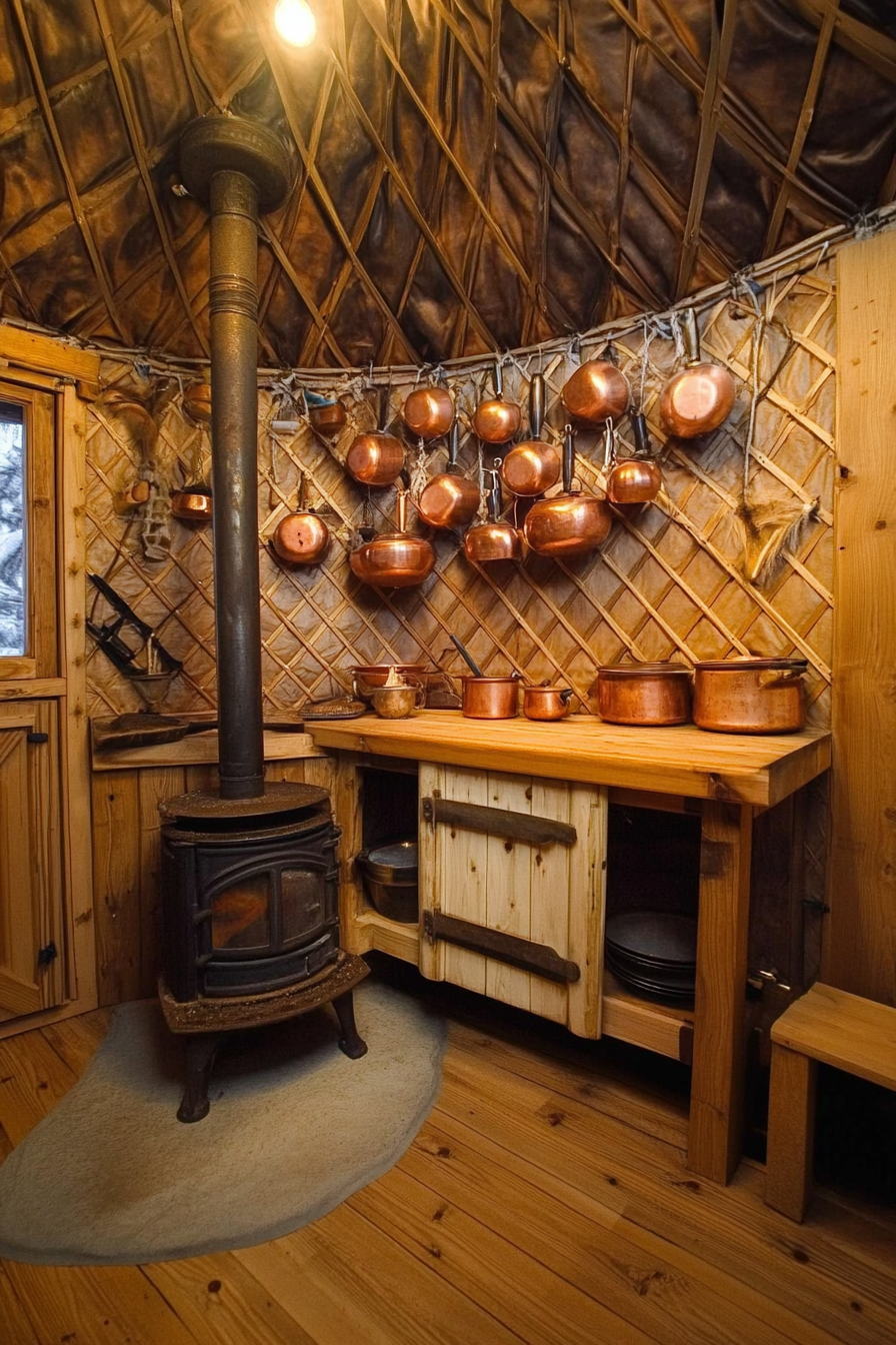 Alpine-style Yurt Kitchen. Wood burning stove, hanging copper pots, wooden spice wall.