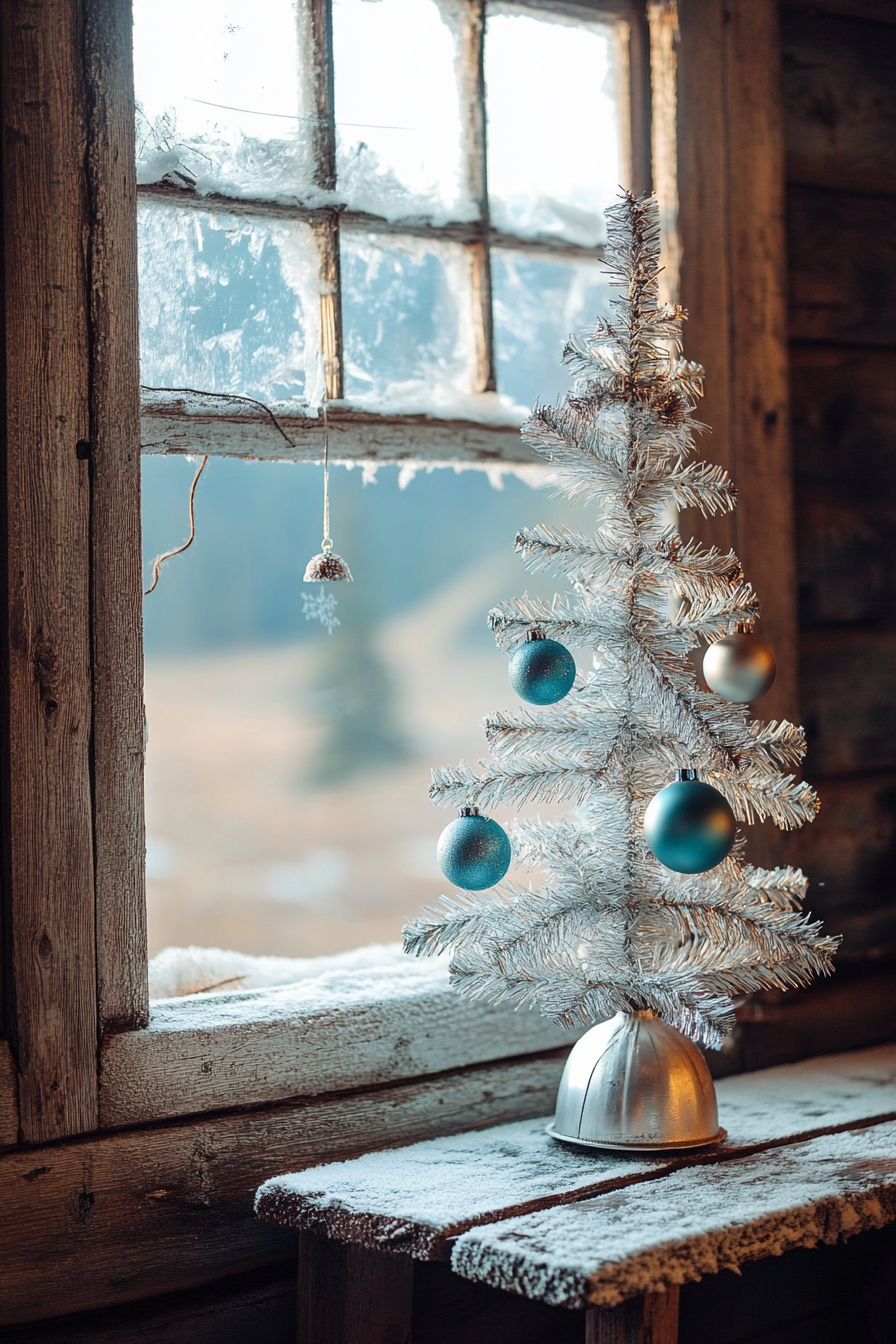 Retro holiday interior. Aluminum tree near icy window, vintage ornaments against wooden cabin backdrop.