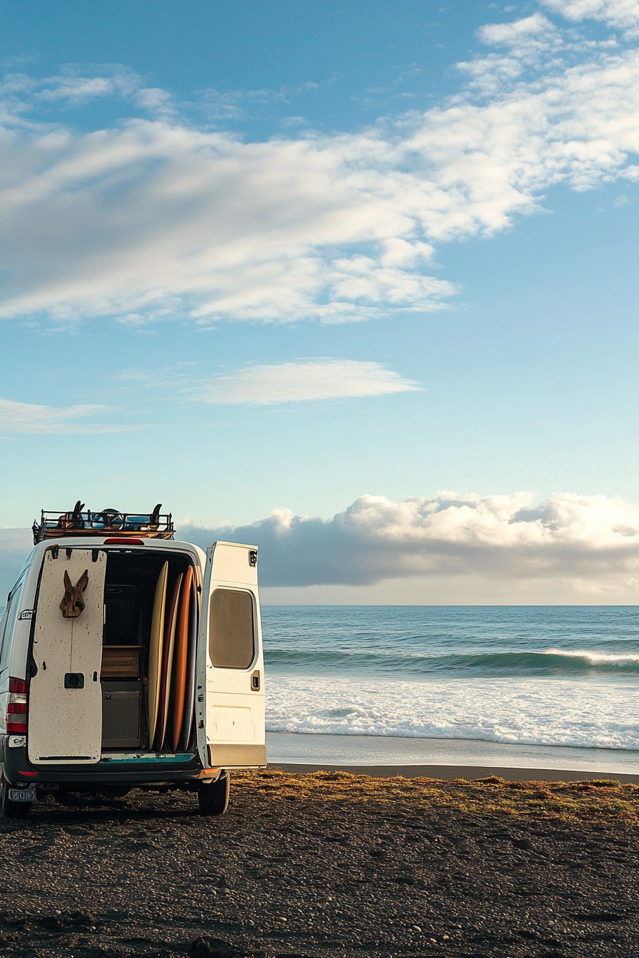 Wide angle view. Van with surfboard racks, outdoor shower, on black sand beach with waves.