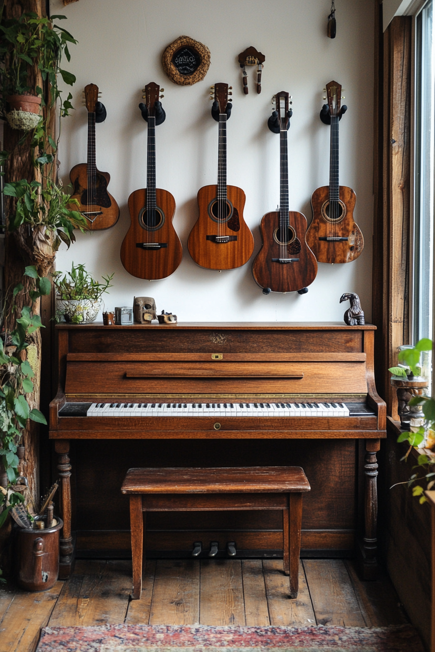 Woodland-Style Tiny Music Room. Teak piano, wall-mounted guitars, faux mink soundproofing.