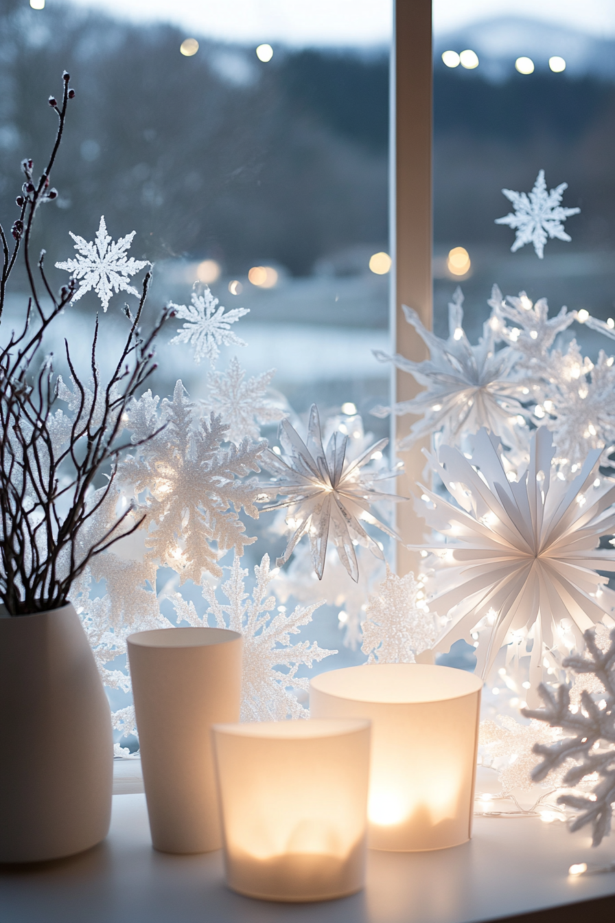 Modern Christmas décor. White lights, paper snowflakes, frost-covered valley view.