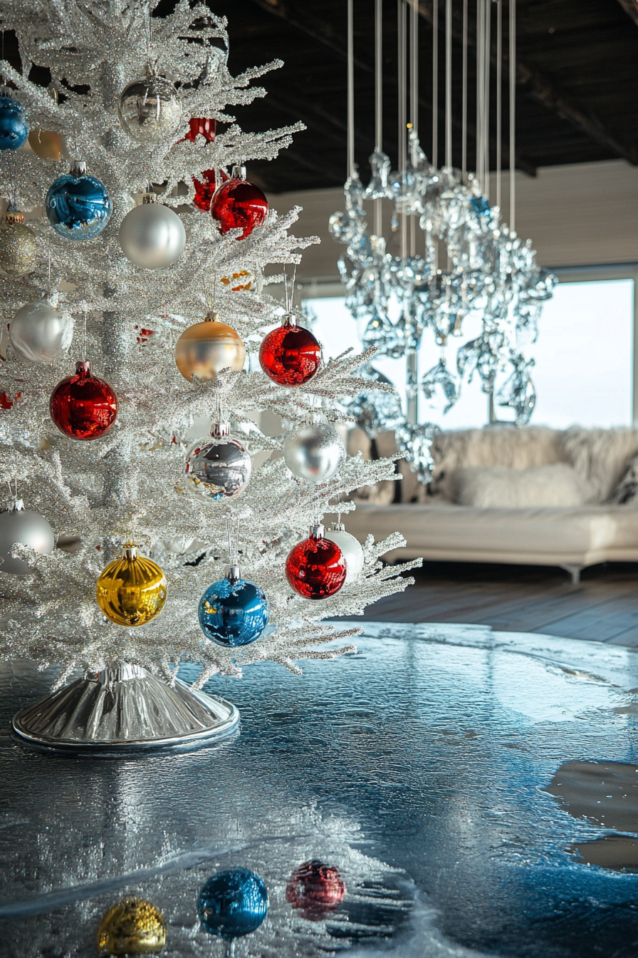 Wide angle holiday interior. Aluminium tree, retro ornaments, beside icy lake.