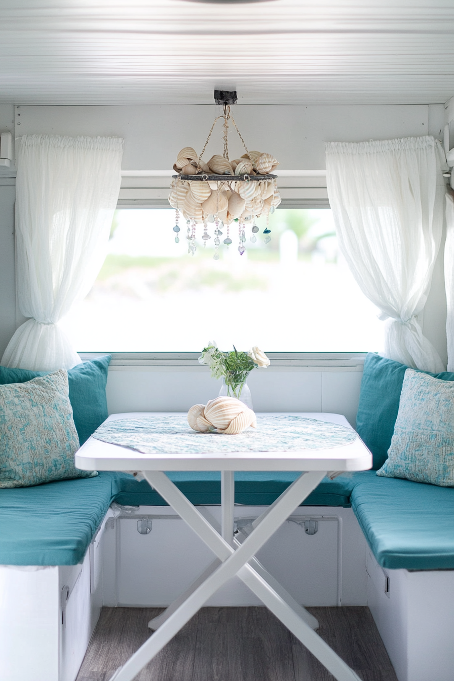 Van dining area. Teal cushions, white-fold out table, shell chandelier, beachscape window decals.