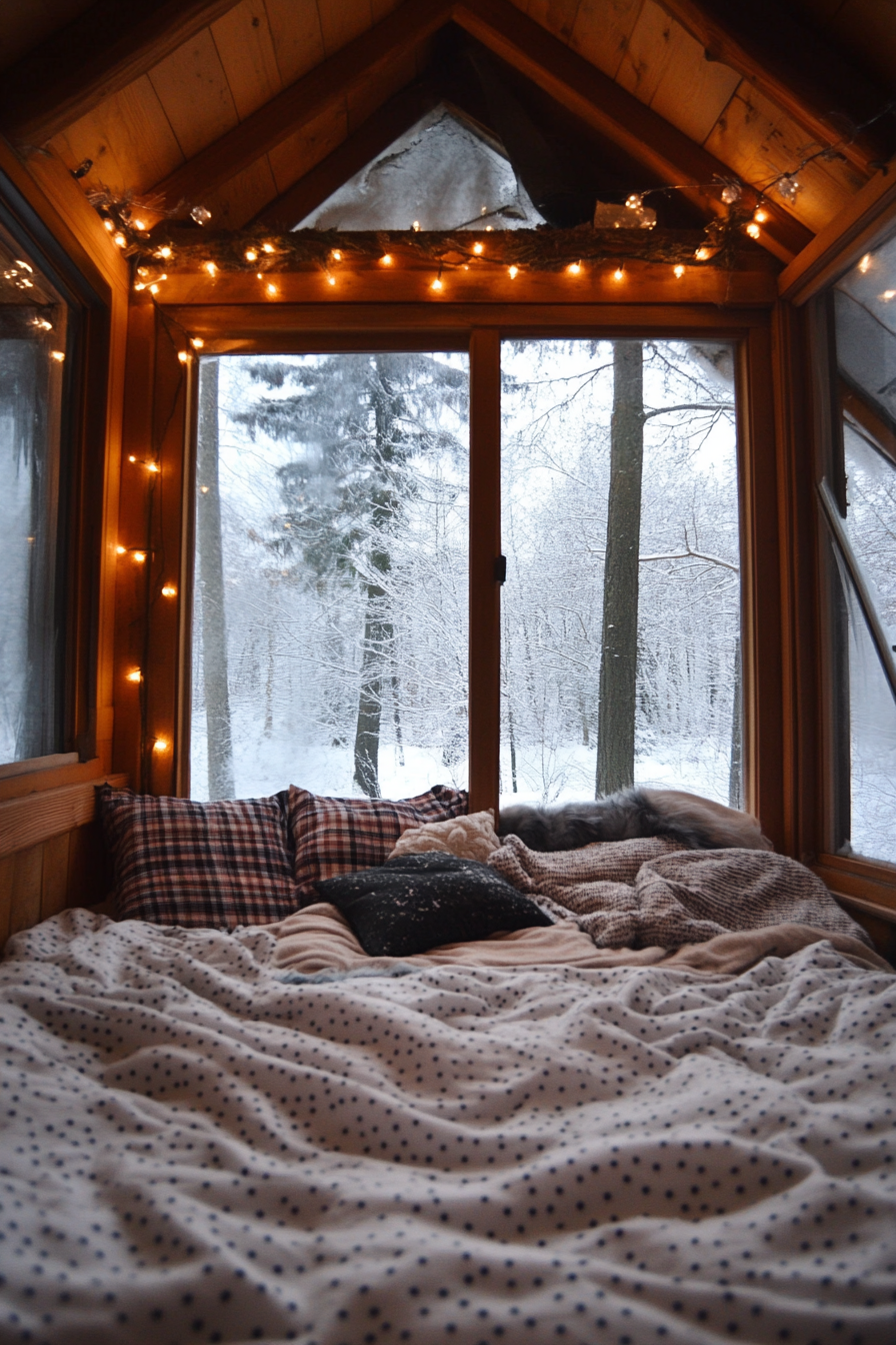 Wide angle view. Flannel bedding, string lights, frosted panorama of winter outside.