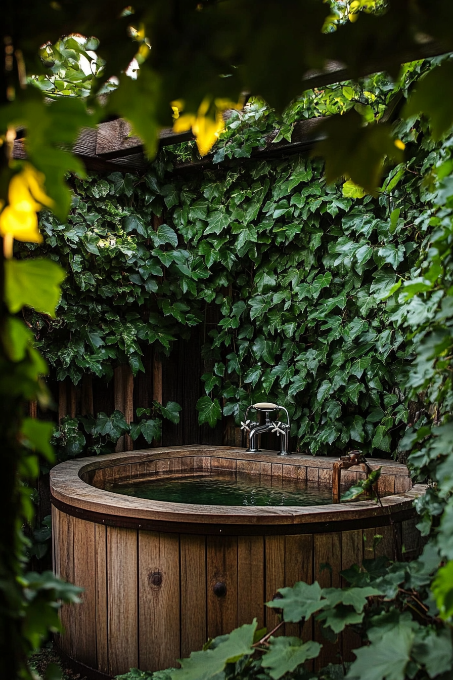 Tiny bathhouse. Wooden soaking tub surrounded by green ivy wall.