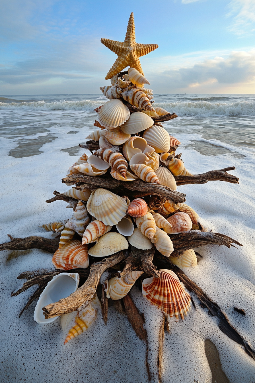 Holiday decor. Shell ornaments on driftwood tree with foaming winter waves in wide angle view.