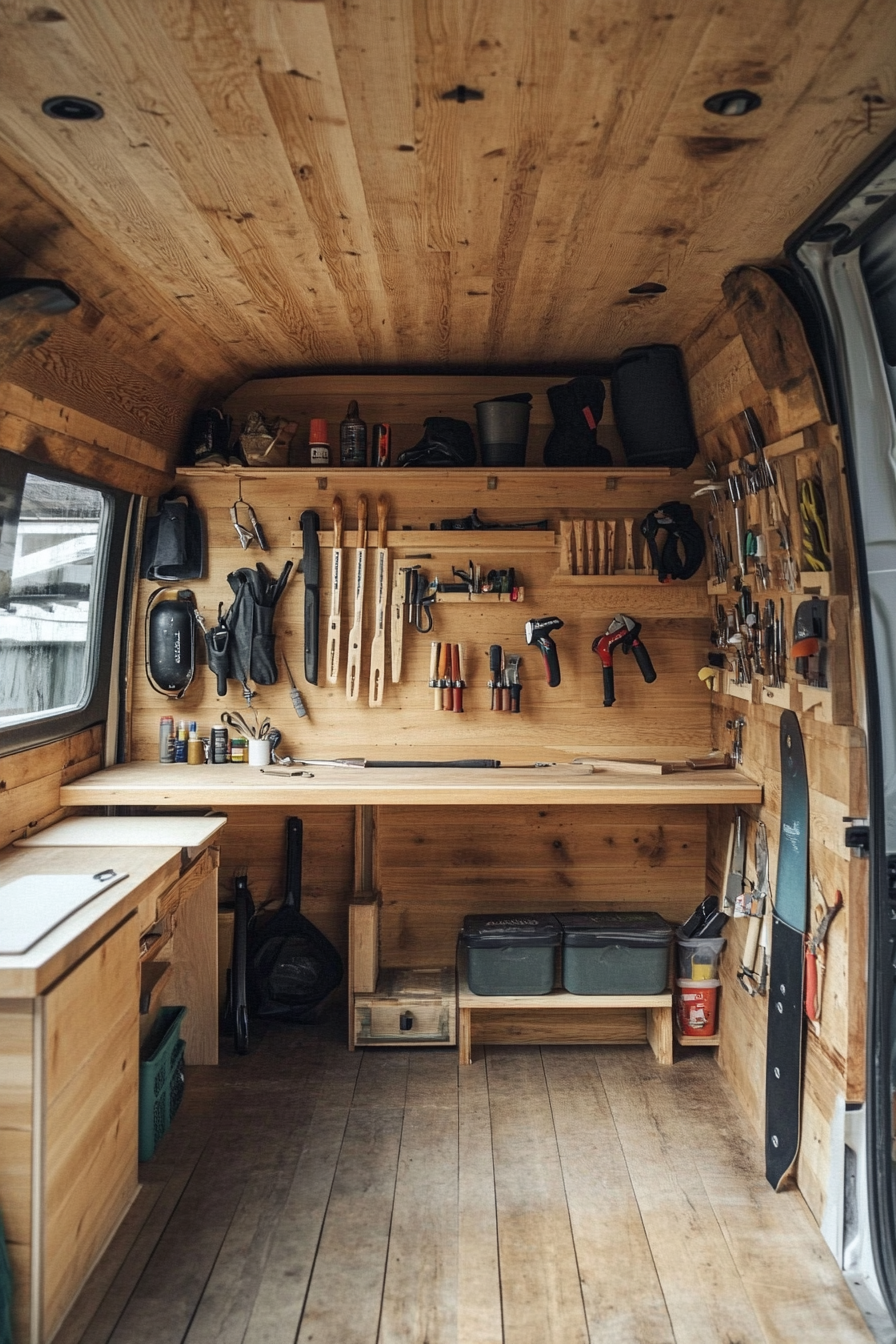 Surf-style van workshop. Wooden paneling with hung tool wall and waxing station.