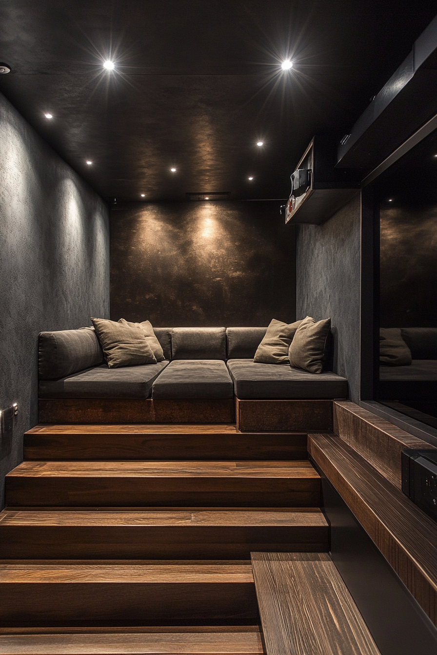 Tiny Theater. Walnut-tiered seats, graphite projector wall, stainless steel surround sound.