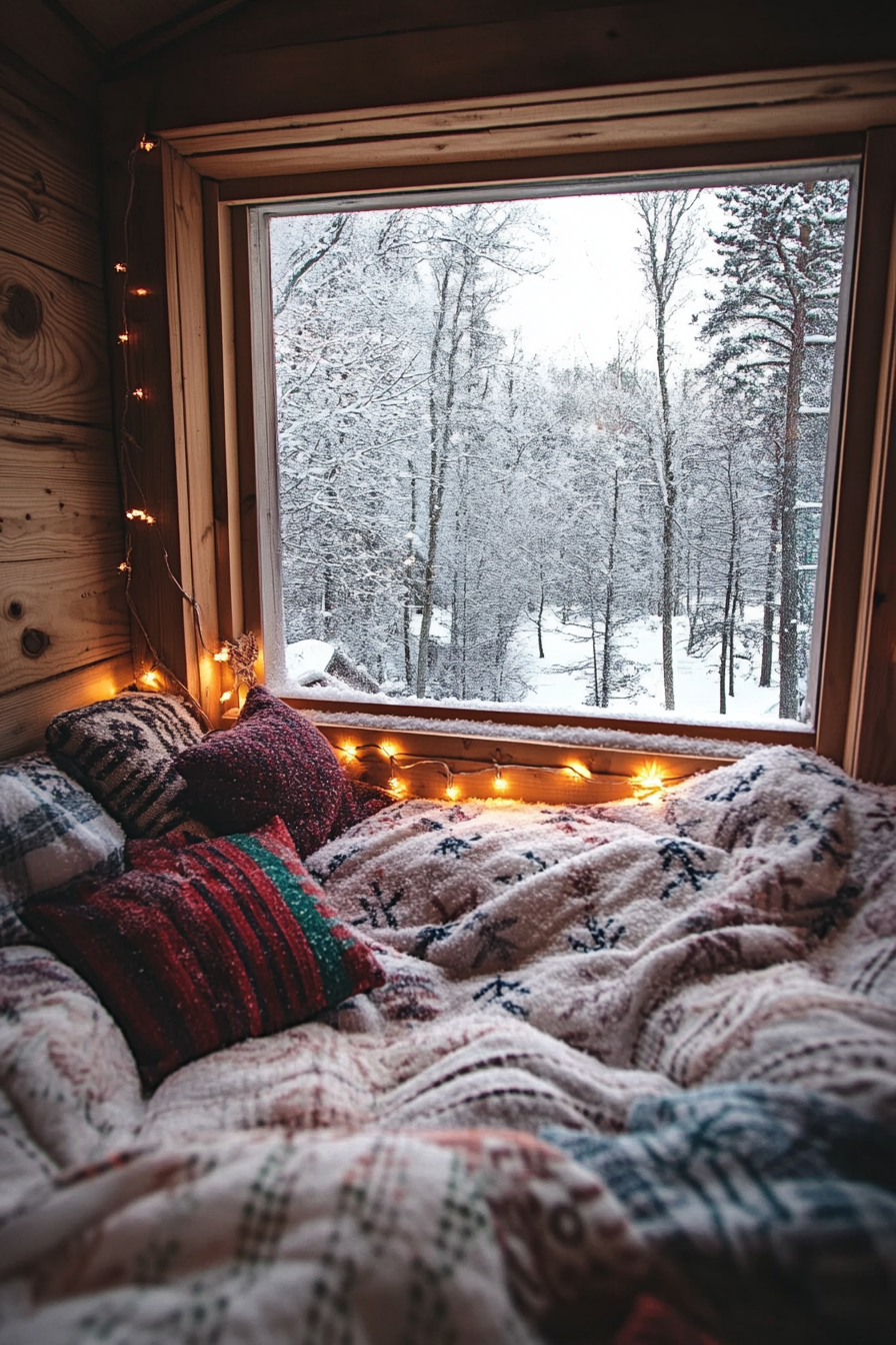 Wide-angle view. Flannel bedding, string-lit nook, frosty winter scenery through window frame.