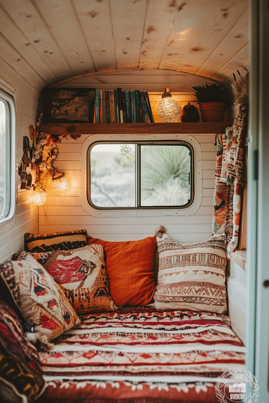 Reading corner. Desert-themed camper with Boho pillows, southwestern textiles, and clip-on book lights.