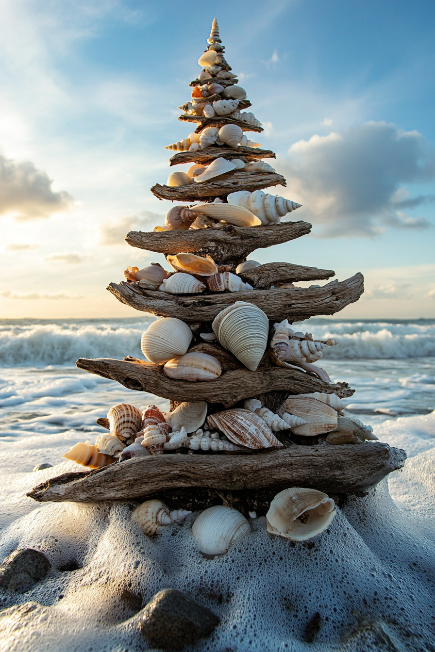 Holiday decor. Driftwood tree wiggled with shell ornaments against wide angle winter wave background.